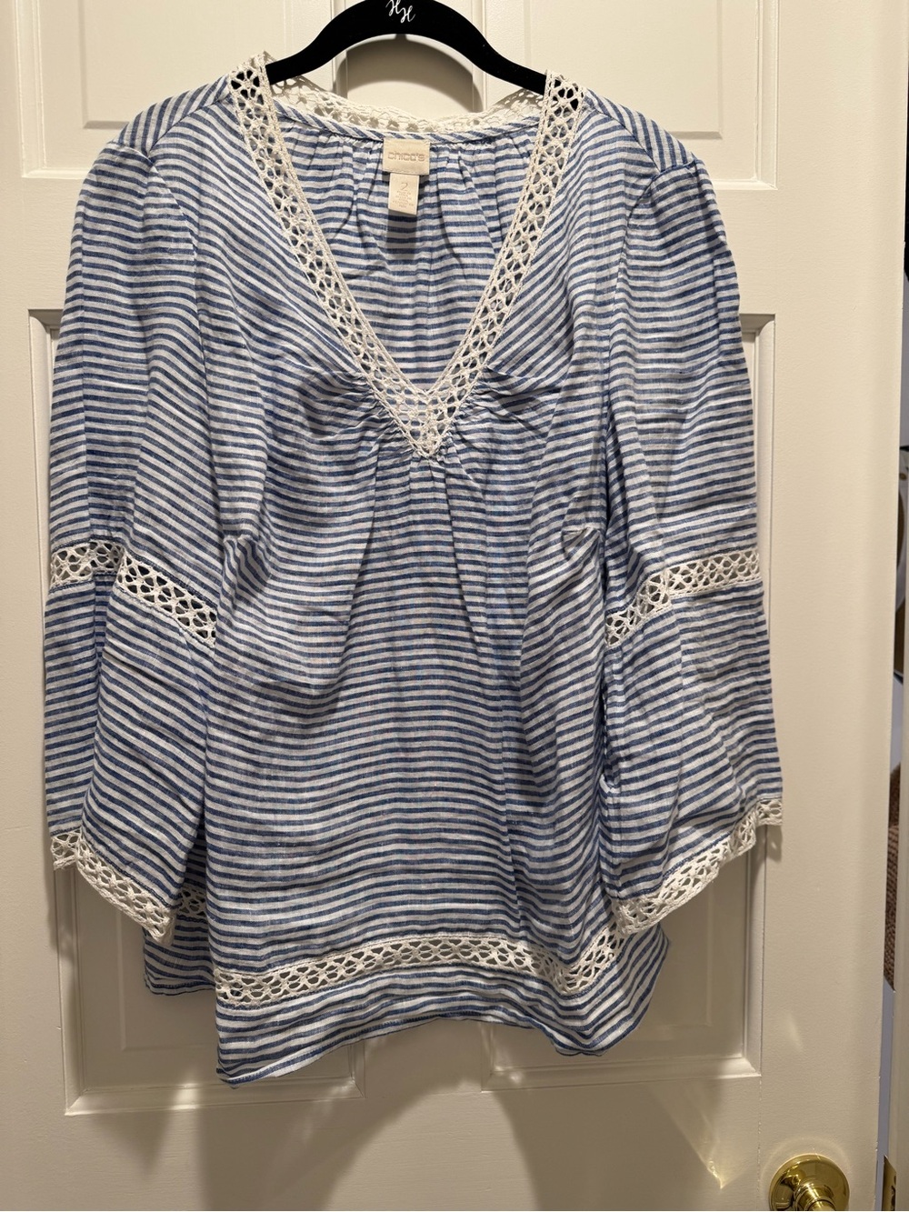 Chico's Blue and White Striped Crochet Trim V-Neck Top